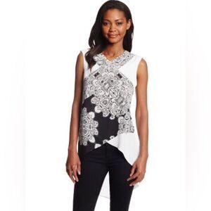 BCBGMaxazria black and white color block Veronika print tunic blouse top size XS